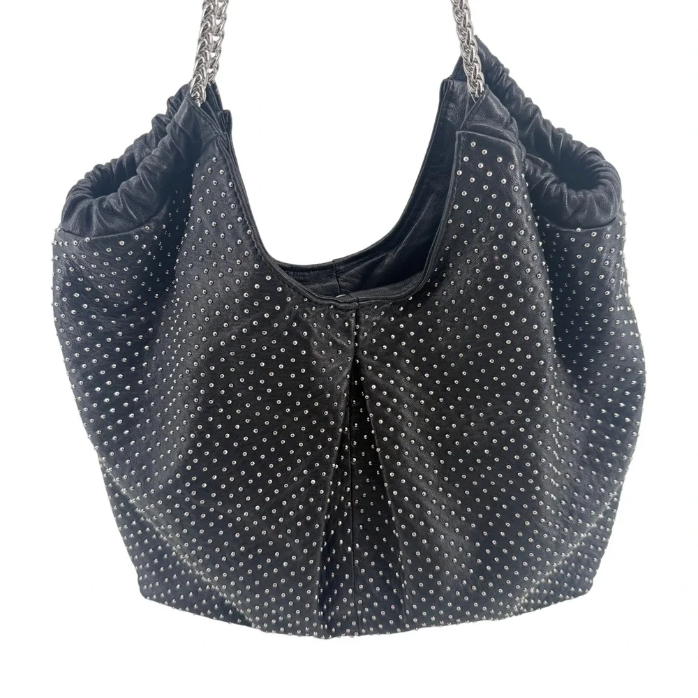 NEW Elie Tahari Bianca Black‎ Studded Leather Hobo Shoulder Bag Silver Chain
